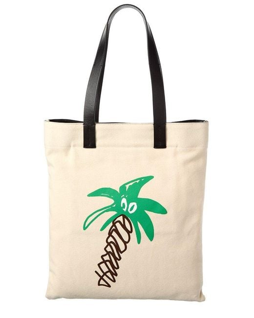 Palm Angels White "Sketchy" Canvas & Leather Shopping Bag