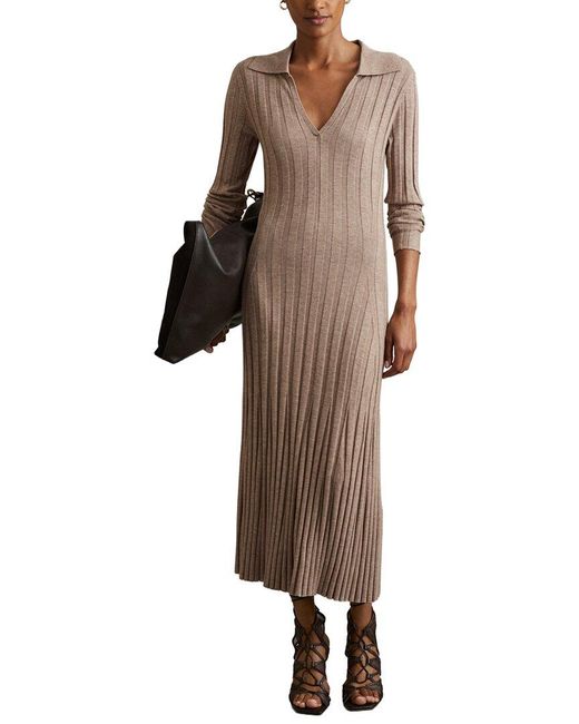 Reiss Brown Winnie Long Sleeve Knitted Wool-Blend Dress