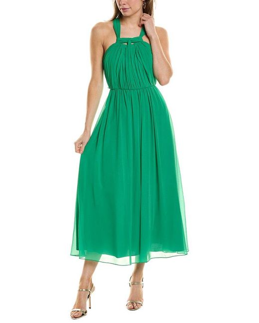 Badgley Mischka Green Shirred Knotted Gown