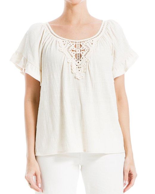 Max Studio White Flutter Sleeve Crochet Yoke Knit Top