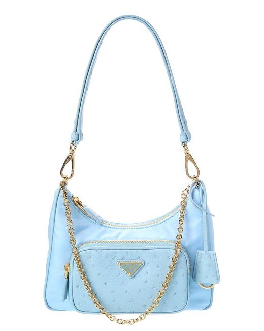 Prada Blue Mini Tessuto & Ostrich Hobo Bag