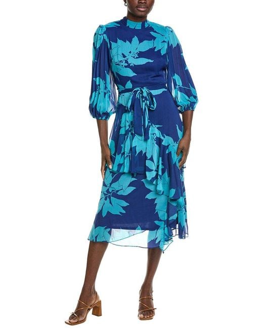 Maison Tara Blue Printed Serena 3/Sleeve Midi Dress