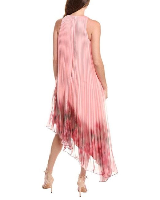 Badgley Mischka Pink Asymmetrical Pleated Midi Dress
