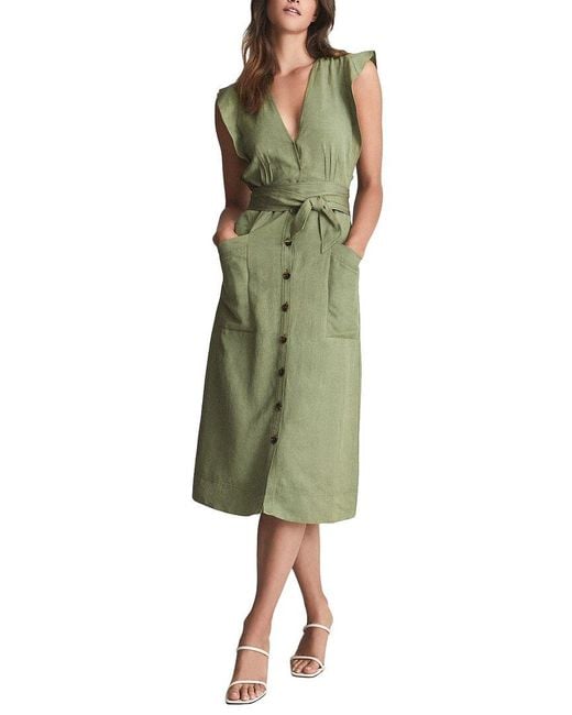 Reiss Green Emma Plunge Frill Shoulder Linen-blend Dress