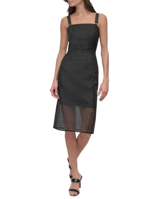 DKNY Black Circle Organza Eyelet Midi Dress