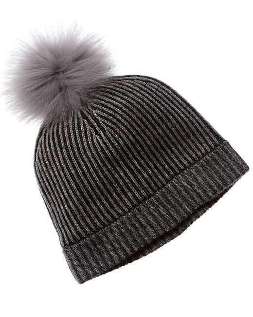 Forte Black Colorblocked Pompom Cashmere Hat