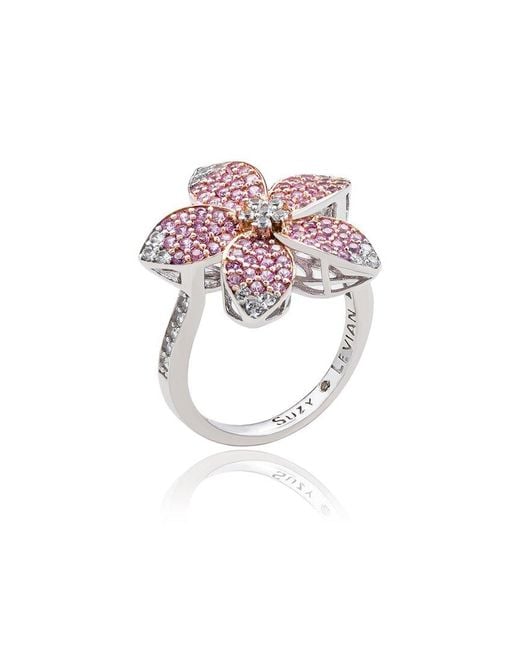 Suzy Levian Pink Silver 0.02 Ct. Tw. Diamond & Gemstone Flower Ring