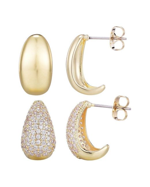 Adornia White 14K Plated Crystal & Plain Chunky Hoop Set Earrings