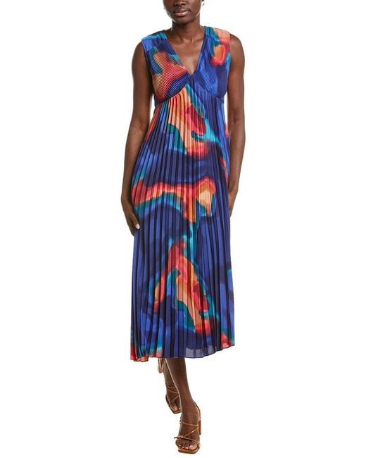 Nicole Miller Blue Accordion Pleated Midi Dress