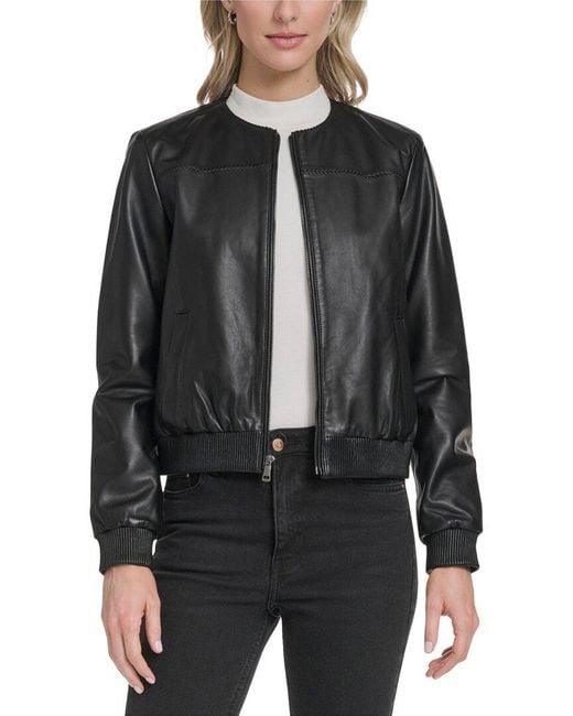 Cole Haan Black Collarless Leather Bomber Jacket