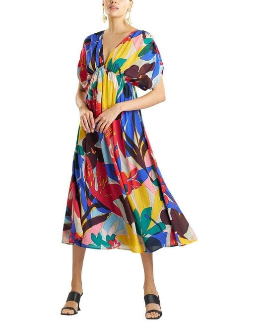 Natori White Printed Silk Shirred Empire Waist Dress