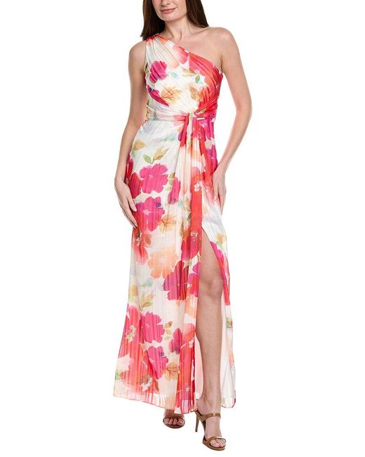 Adrianna Papell Red One-Shoulder Watercolor Floral Stripe Gown