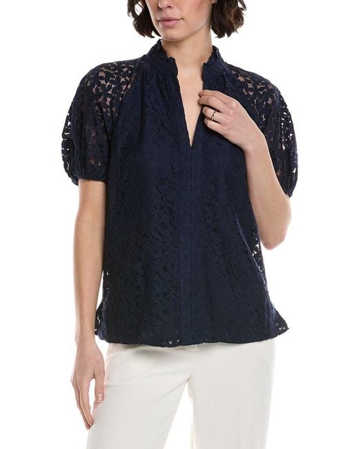 Cece Blue Ruffle Neck Raglan Seam Split Neck Blouse