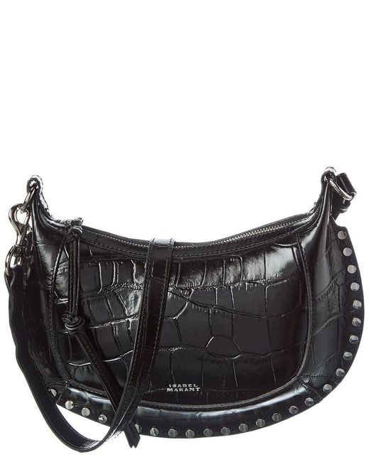 Isabel Marant Black Oskan Moon Croc-Embossed Leather Hobo Bag