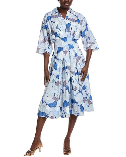 Gracia Blue Dolman Sleeve Pleated Printed Midi Dress