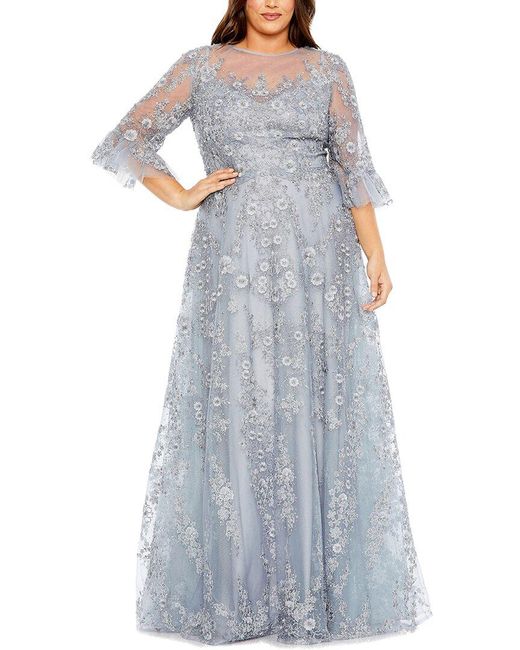 Mac Duggal Blue Plus Flutter Sleeve Embellished A-Line Gown