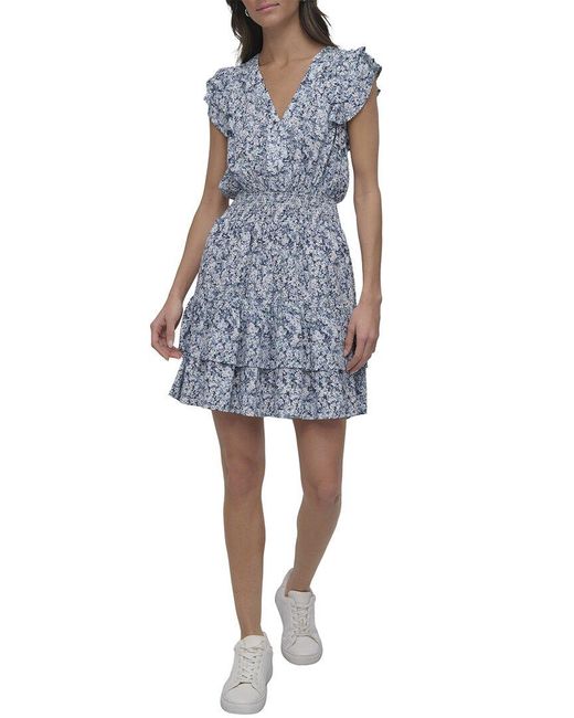 DKNY Blue V-Neck Mini Dress