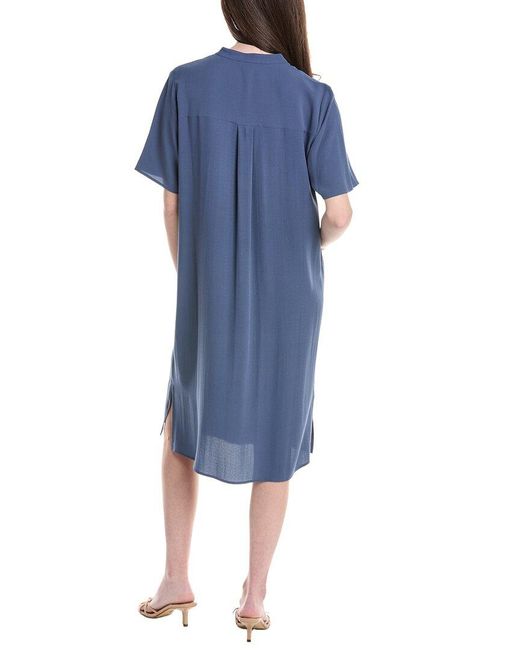 Eileen Fisher Mandarin Collar Silk Midi Dress in Blue | Lyst