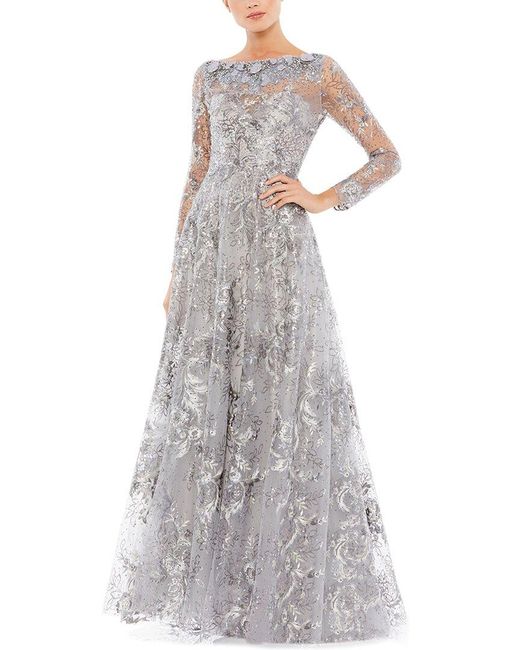 Mac Duggal White Floral Embroidered Illusion Long Sleeve Gown