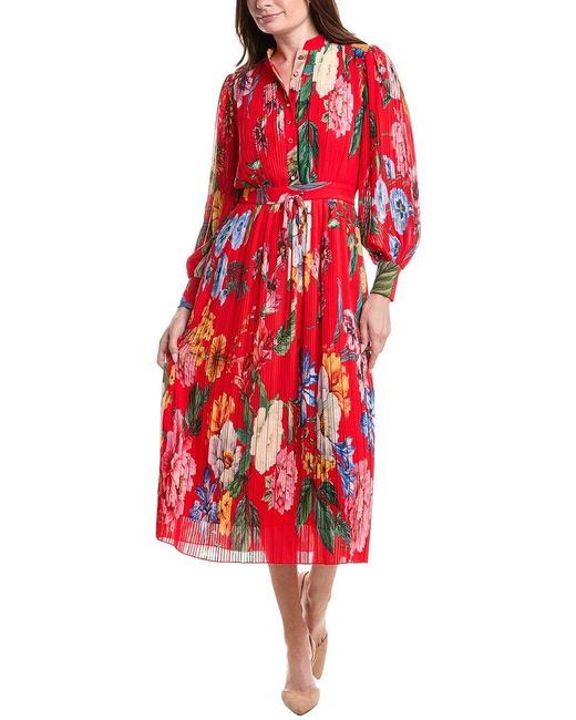 Tahari Red Pleated Blouson Maxi Dress