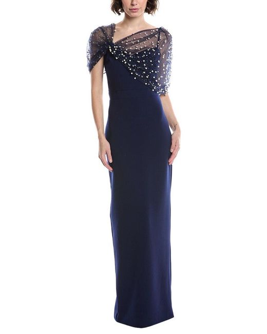 THEIA Blue Louella Pearl Shawl Gown