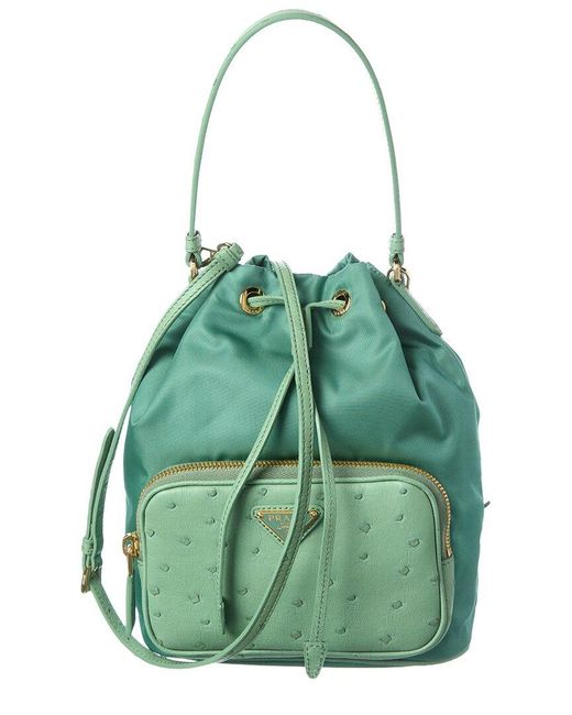 Prada Green Duet Tessuto & Ostrich Bucket Bag