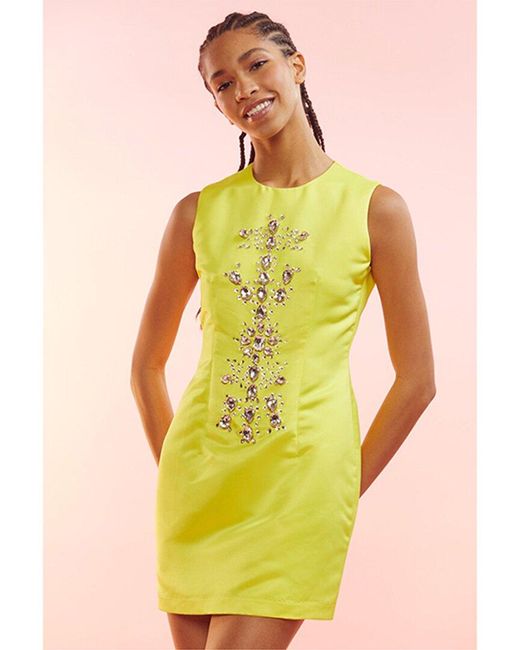 Cynthia Rowley Yellow Crystal Fitted Silk Shift Dress