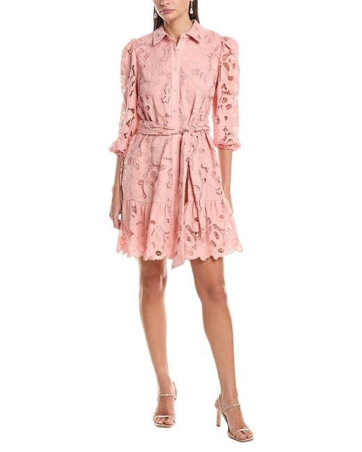 Anne Klein Pink Scalloped Hem Tiered Lace Shirtdress