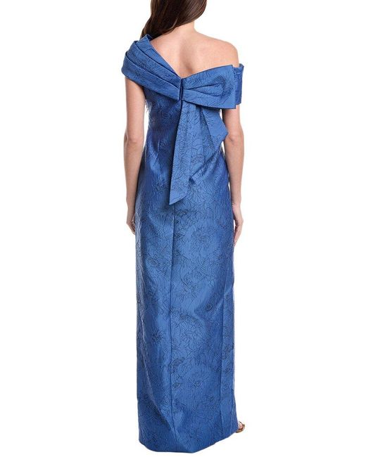 Teri Jon Blue Jacquard Asymmetrical Portrait Bow Shoulder Gown