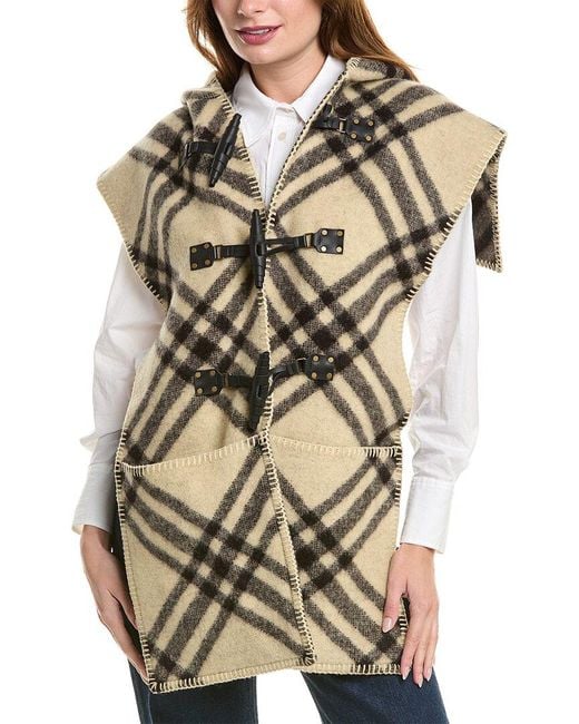 Burberry Brown Check Wool & Leather Cape