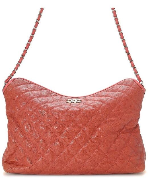 Chanel Red Orange Quilted Lambskin Leather Cc Chain Tote (authentic Pre-owned)