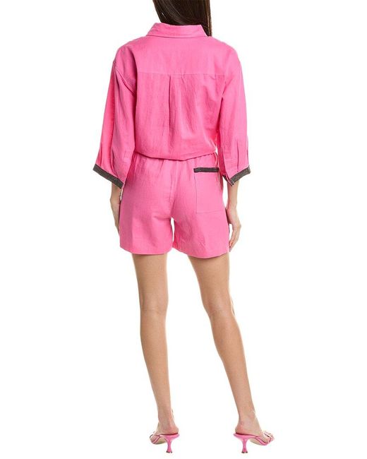 Beulah London Pink 2pc Linen-blend Shirt & Short Set