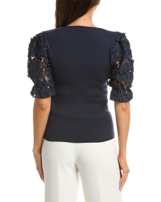 Tahari Blue Lace Blouson Pullover