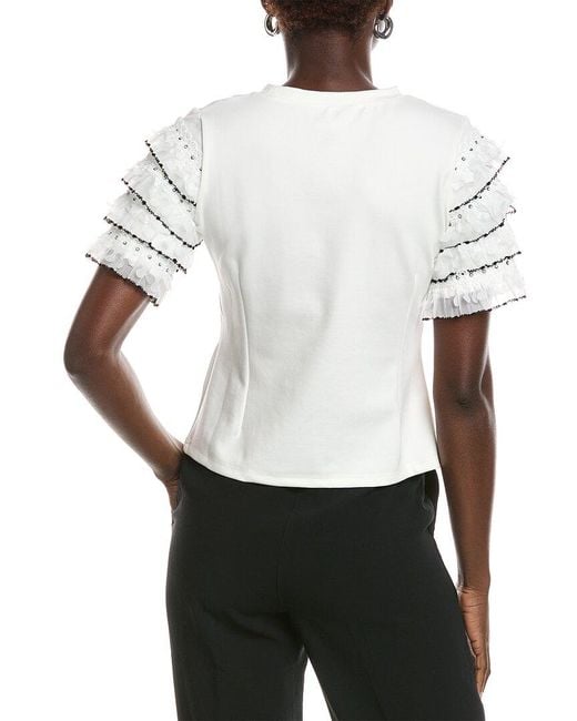 Gracia White Round Neckline Tiered Short Sleeve Top