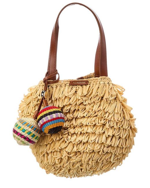 Aquazzura Metallic Pompom Mini Raffia & Leather Tote