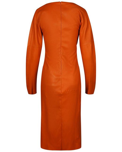 Bottega Veneta Orange Leather Draped Dress