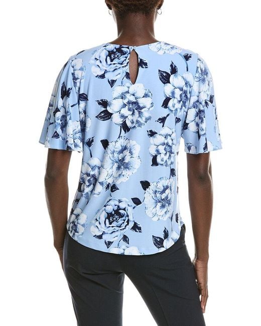 Anne Klein Blue Pleat Neck Printed Top