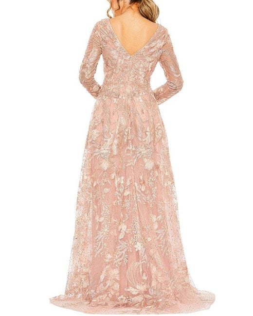 Mac Duggal Pink Embellished Long Sleeve V Neck A Line Gown