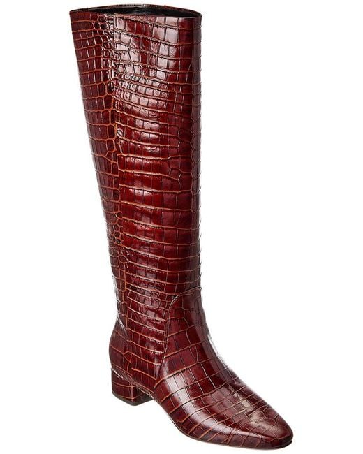 Veronica Beard Red Cecile Croc-Embossed Leather Knee-High Boot