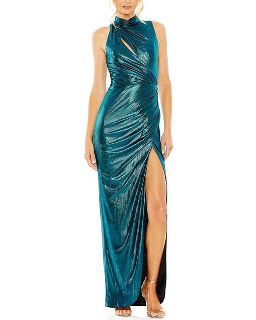 Mac Duggal Blue High Neck Keyhole Cutout Sleeveless Metallic Jersey Gown