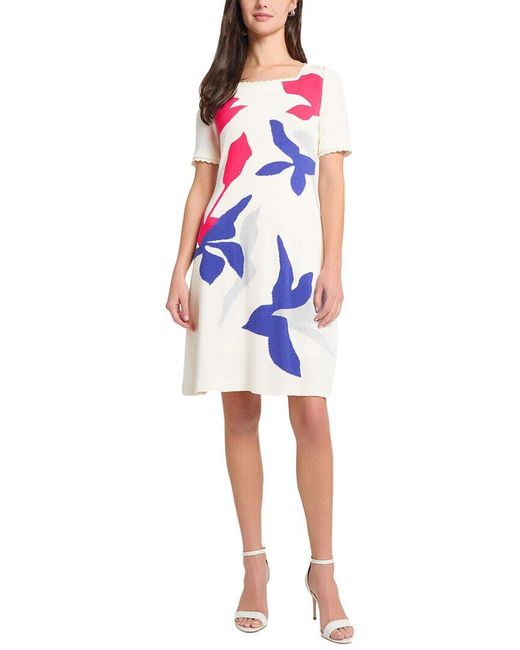 Ming Wang Blue Floral Applique A-Line Soft Knit Dress