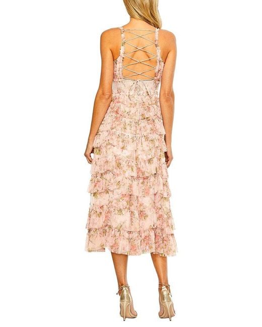Mac Duggal Pink Sleeveless V-Neck Floral Mesh Ruffle Midi Dress