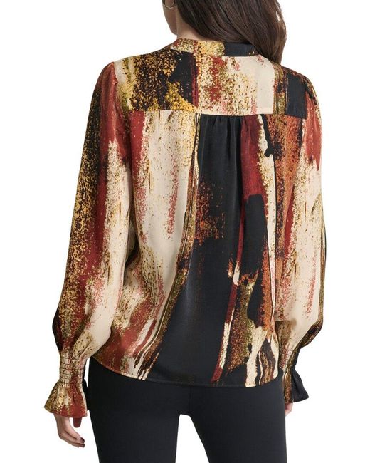 DKNY Black Print Split Neck Top