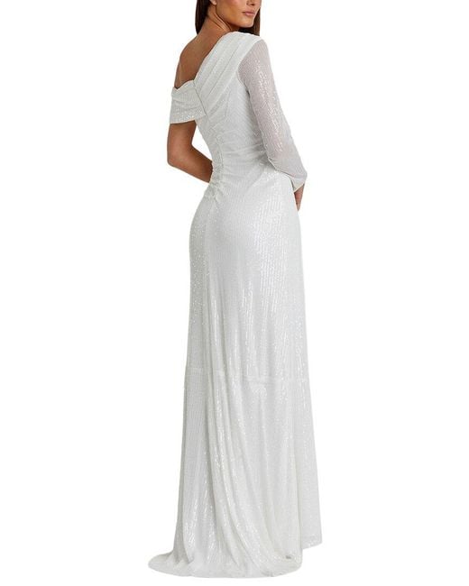 Mac Duggal White Sequined Drop Shoulder Faux Wrap Gown
