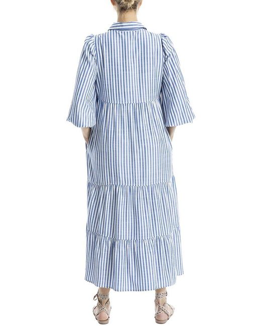 Max Studio Blue 3/4 Sleeve Collar Button Front Tier Midi Dress