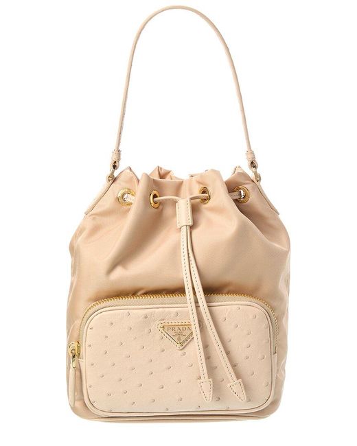 Prada Natural Duet Tessuto & Ostrich Bucket Bag