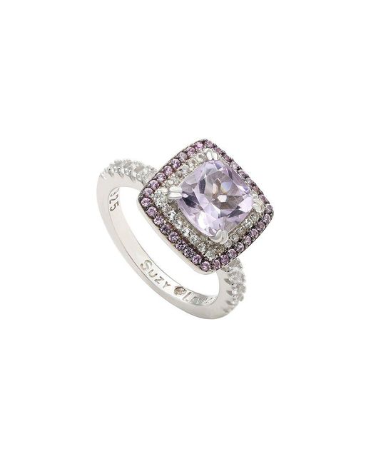 Suzy Levian White Silver 0.02 Ct. Tw. Diamond & Gemstone Double Halo Ring