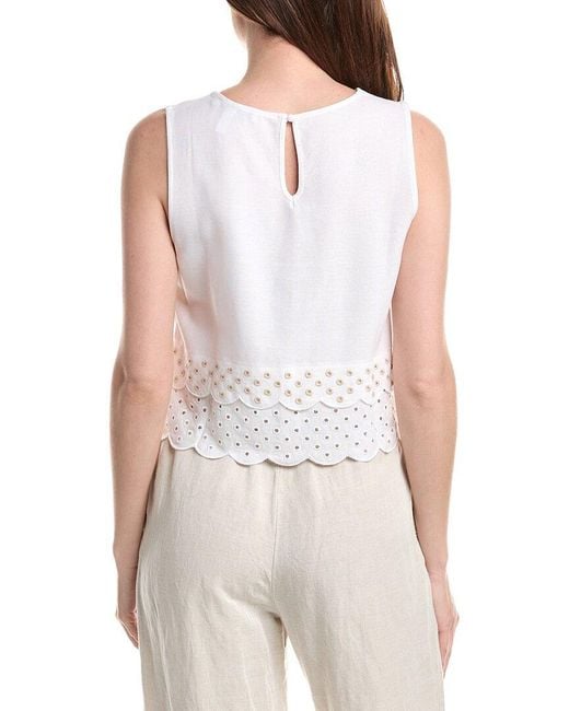 Ellen Tracy White Linen-Blend Embroidered Top