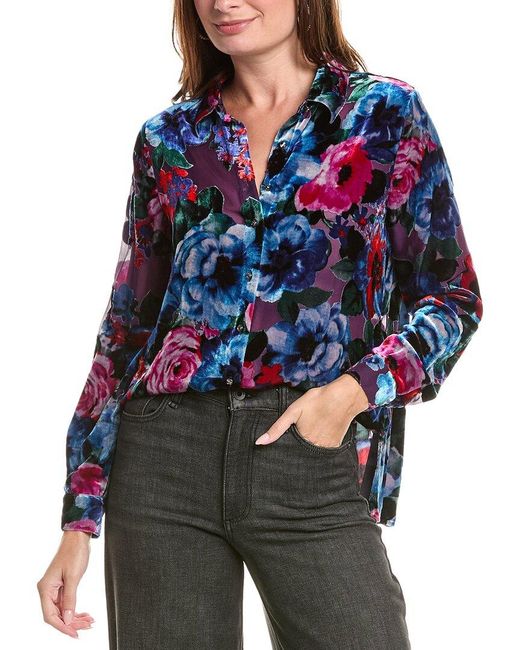Johnny Was Blue Velma Button-Down Silk-Blend Shirt