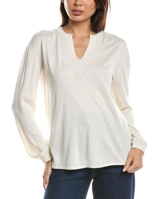 Forte White Split Neck Silk & Cashmere-Blend Sweater